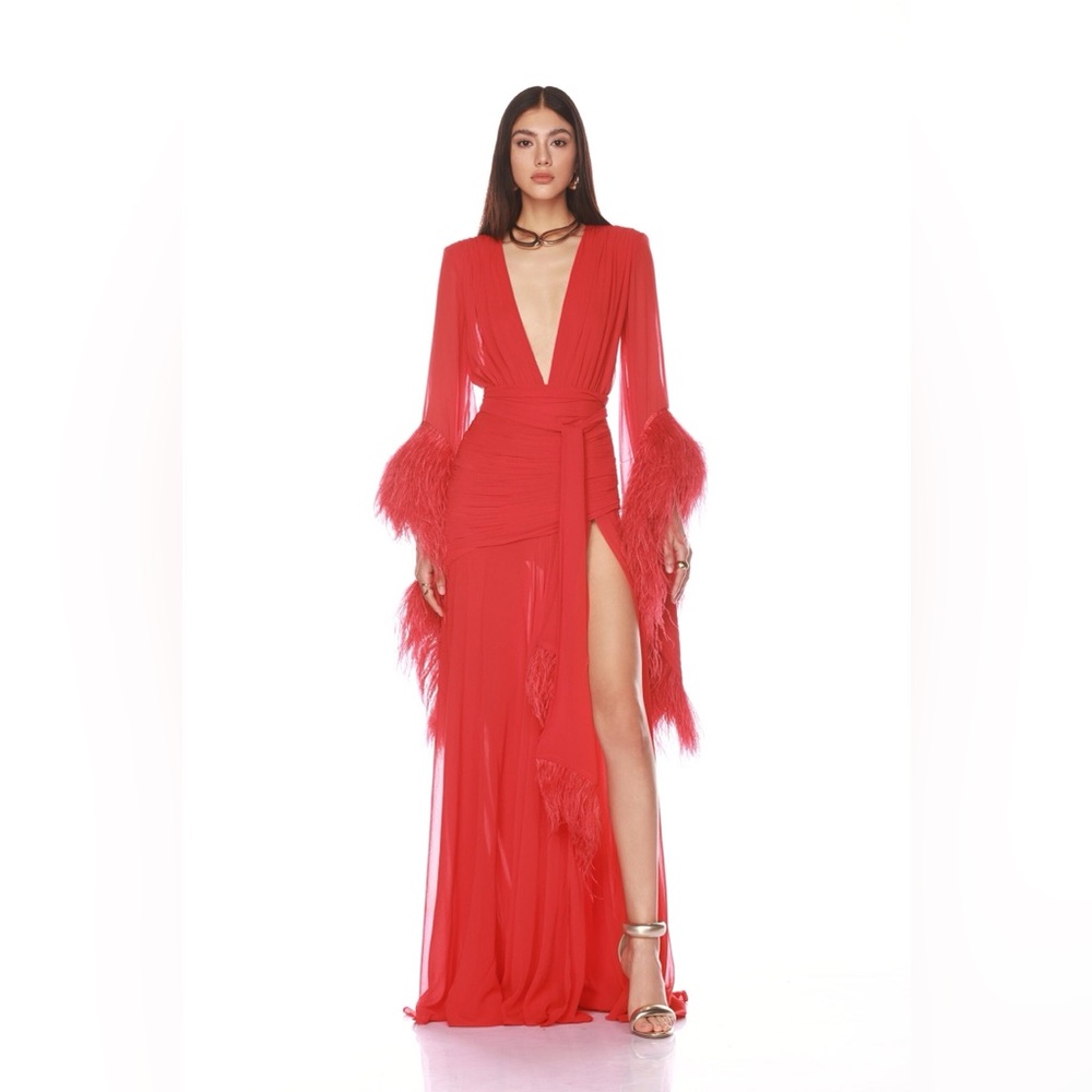 Bronx & Banco Geisha Ostrich Feather Trimmed Plunge High Slit Wrap Gown M NWOT - Picture 11 of 16